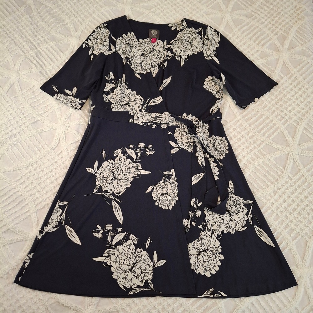 Vince Camuto Womens 14 Navy Blue White‎ Floral Peony Wrap Dress Short Sleeve